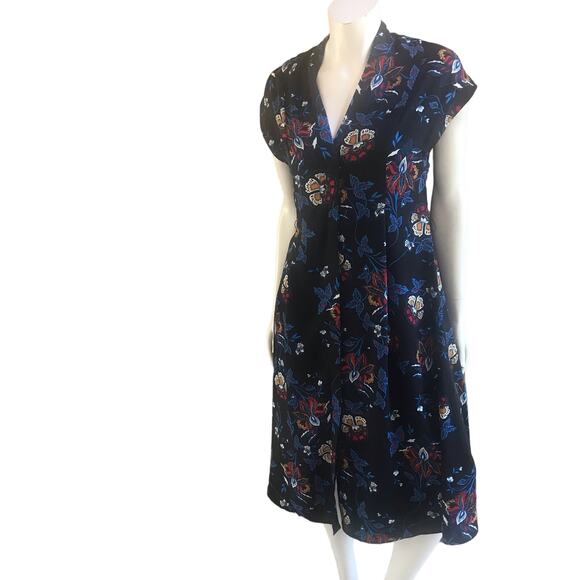 H&M Floral Blue Black V-Neck Button Down Midi Dress Women's Size 4 - Picture 1 of 10